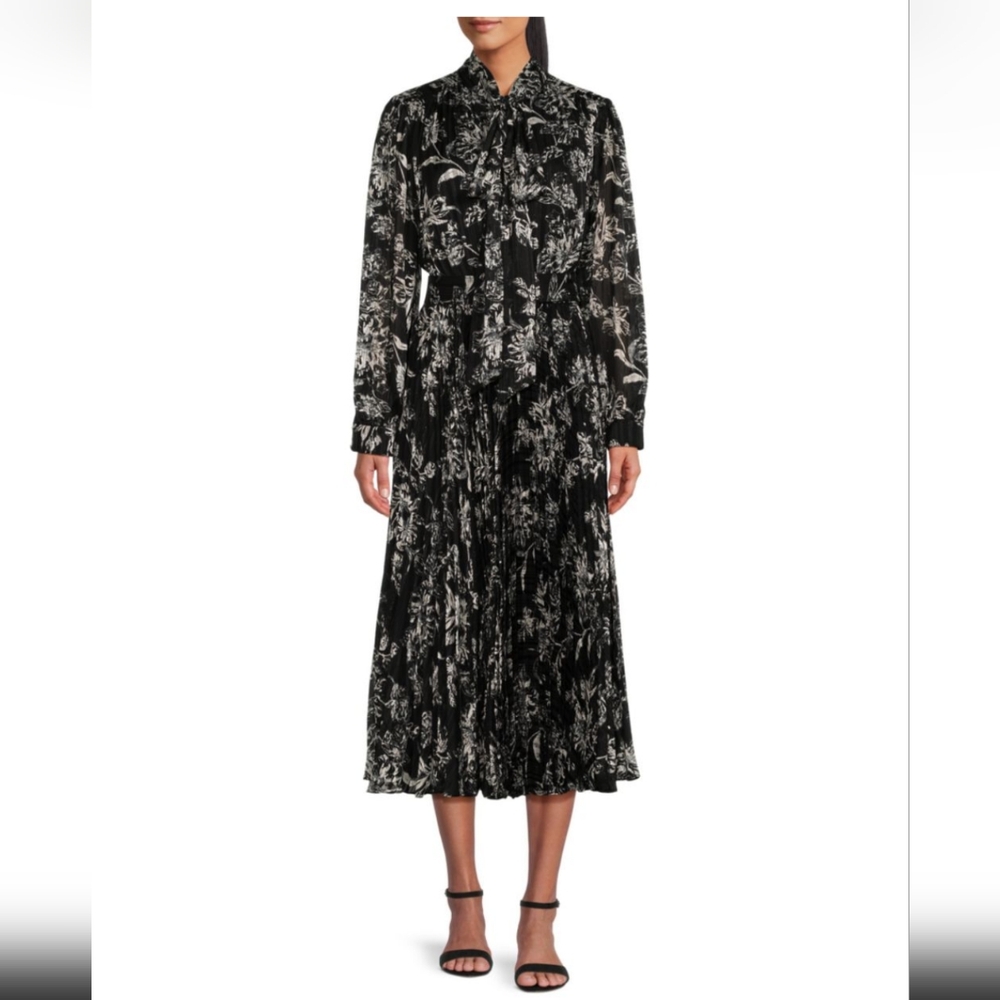 MIKAEL AGHAL Size 14 Black Multi Floral Pleated Midi Dress MSRP $920